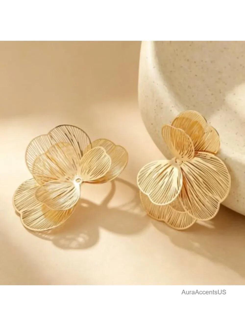 Oversized Gold Plated Stainless Steel Flower Drop Earrings Statement Floral